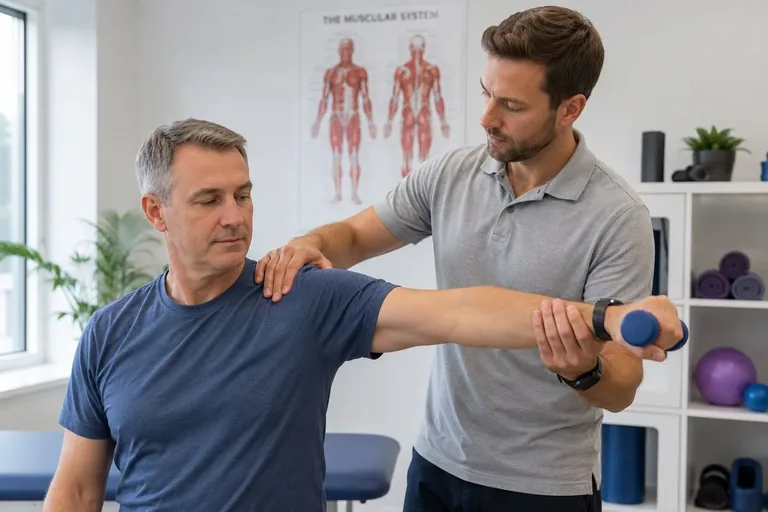 Physiotherapist guiding a patient through a shoulder exercise